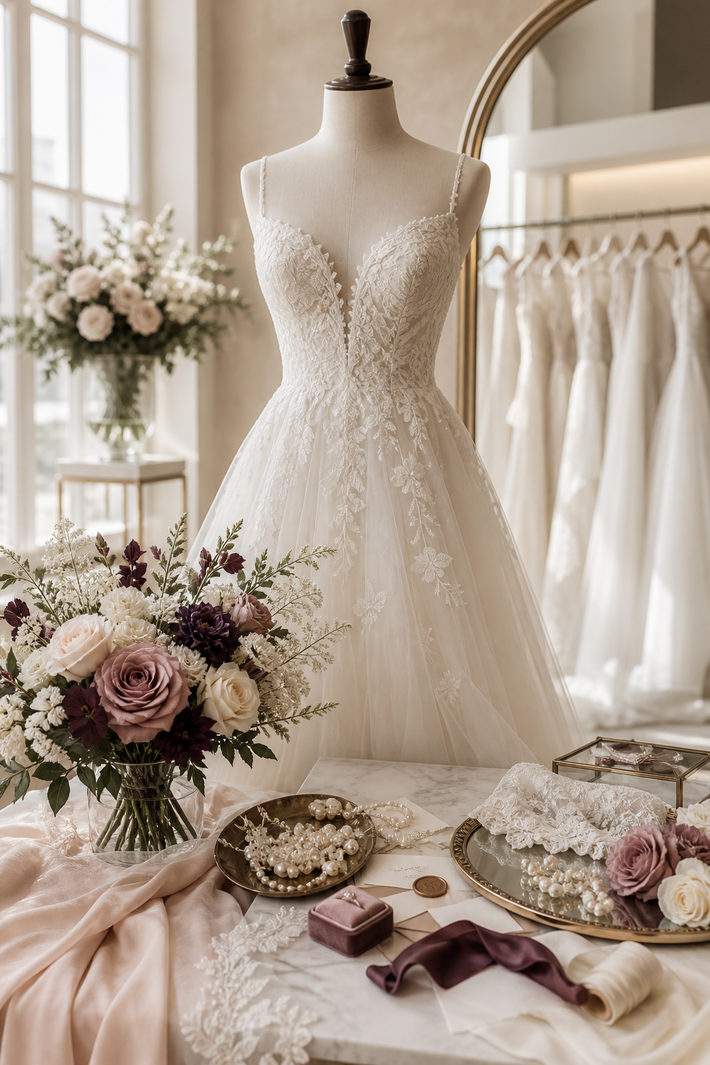 Atelier de noivas com vestido, renda e flores em tons suaves